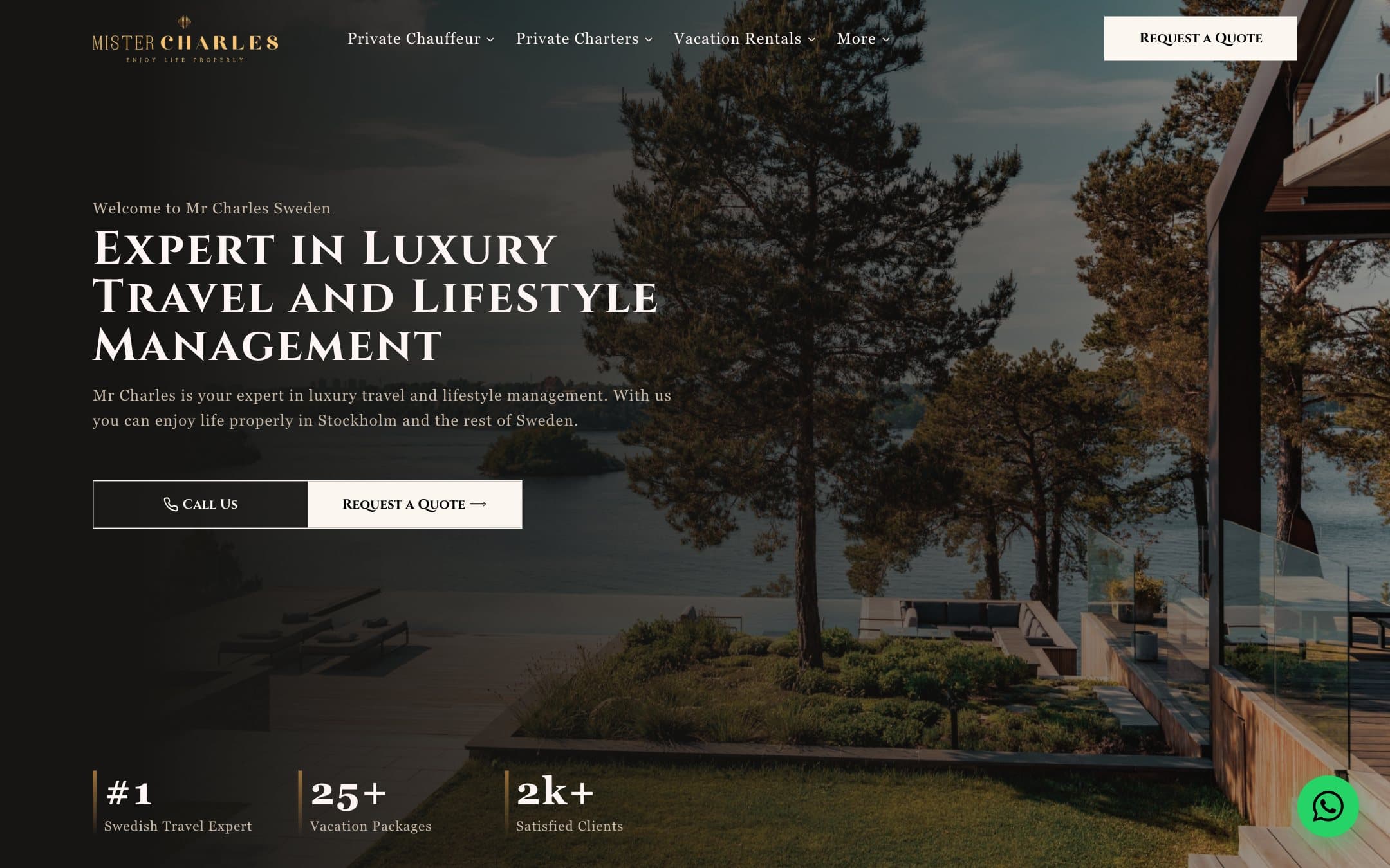 The rebuilt Mr Charles homepage: pine trees by the water at dusk, the headline “Expert in Luxury Travel and Lifestyle Management”, and Call Us and Request a Quote buttons.
