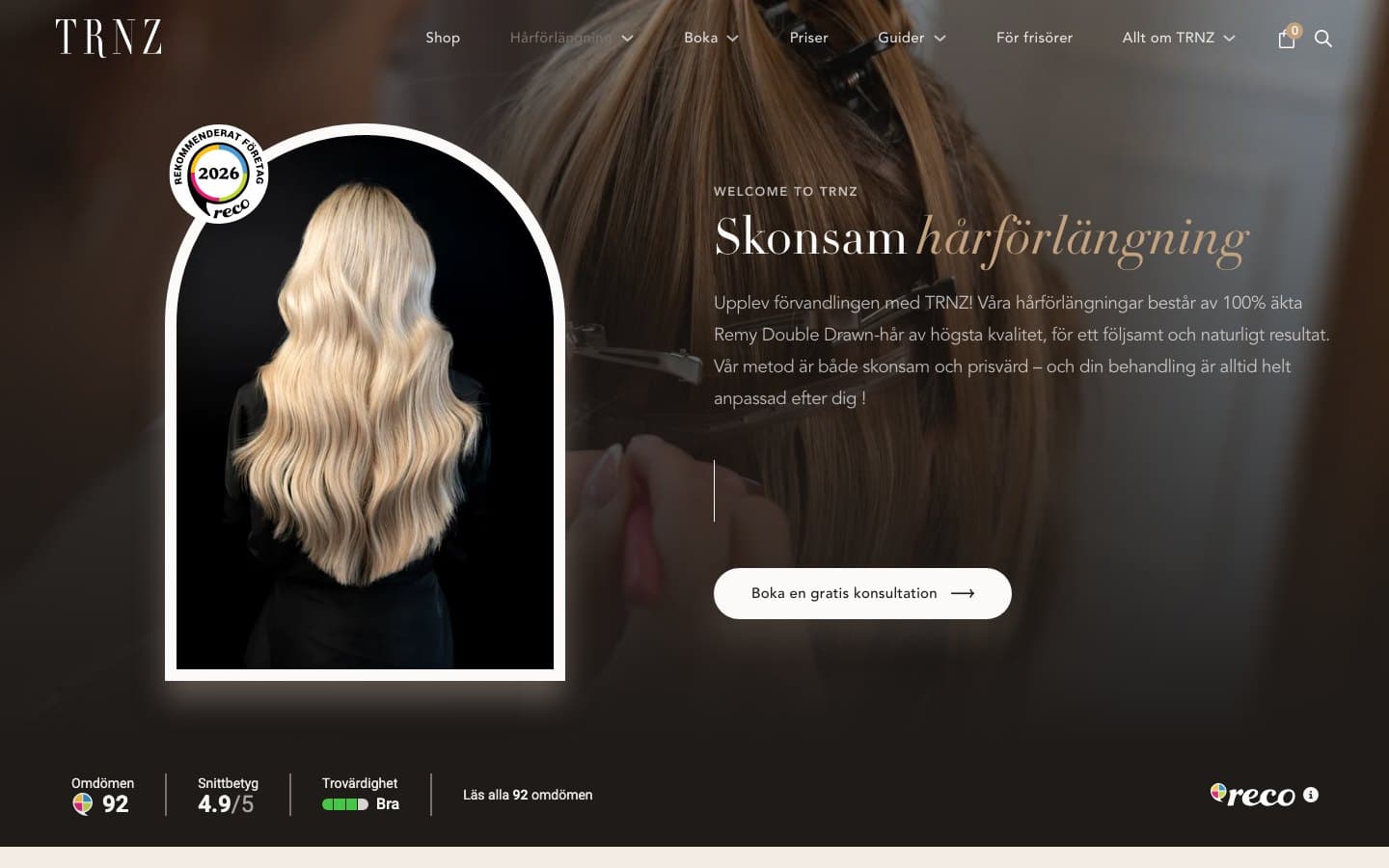 The TRNZ homepage: a portrait of long blonde hair extensions beside the headline “Skonsam hårförlängning”.